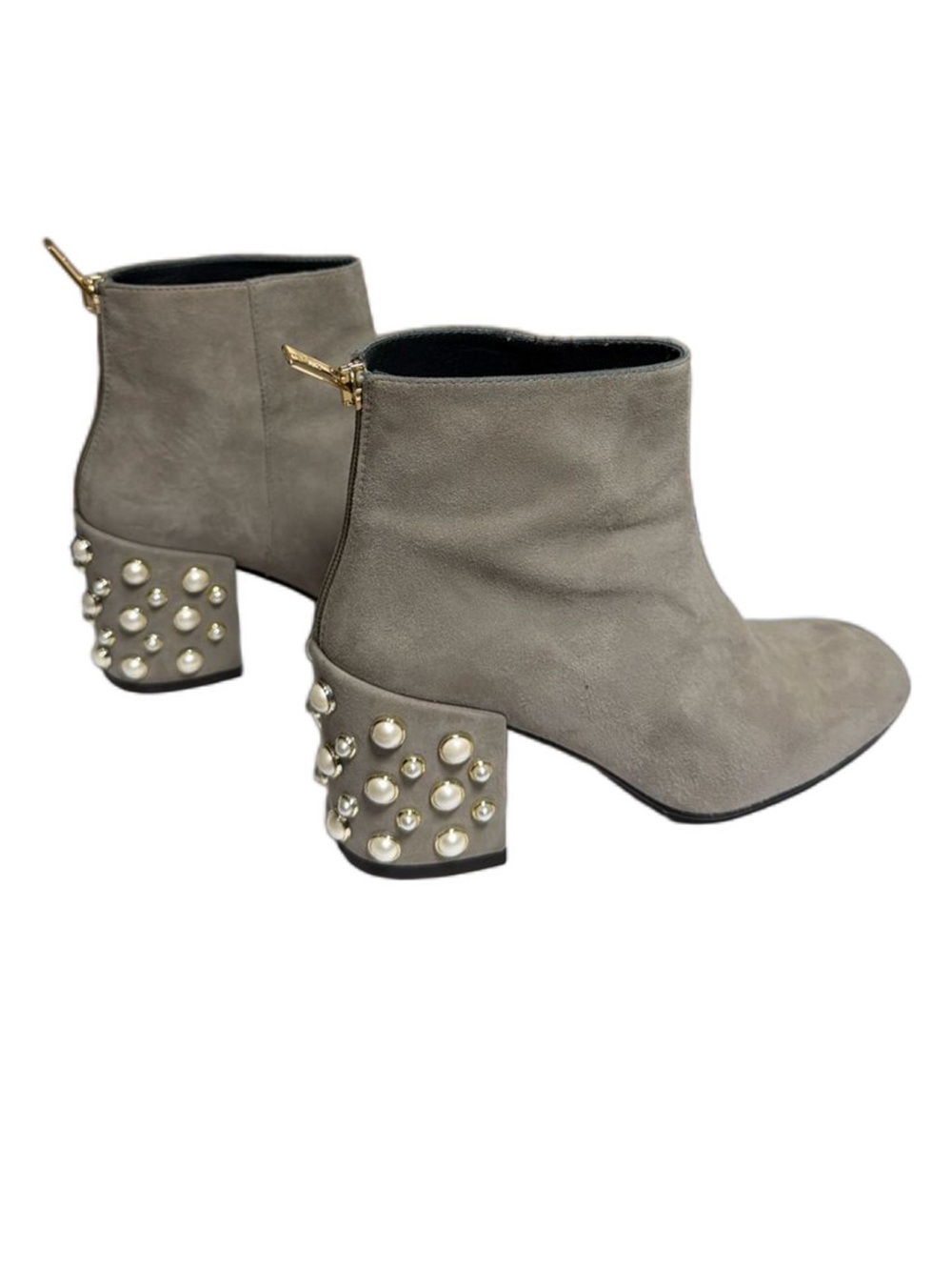 Stuart Weitzman Fossil Suede Ankle Boots with Pearl-Studded Bacari Block Heels